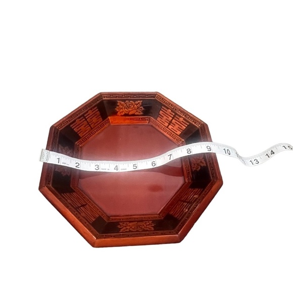 Set  Vintage‎ Asian Red Hand Carved Wooden Lacquerware Octagonal Decorative Tray - Picture 8 of 15